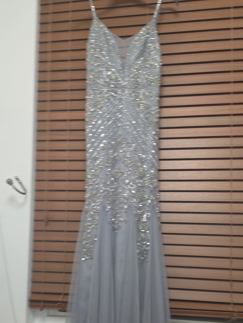 Camille La Vie Silver Beaded V-Neck Prom Gown
